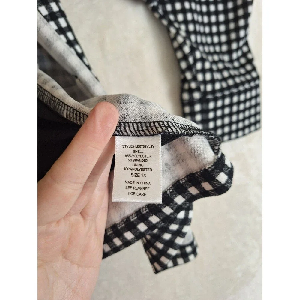 Ophelia Roe Women's 1X Open Front Blazer Jacket Black White Plaid Check Pockets